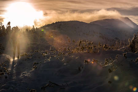 Babia Gora trail Cold Windy winter afternoonの写真素材