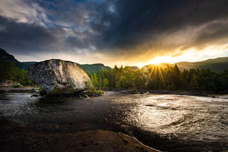 Honnevje rest stop by Otra river at sunrise, Sorlandet and Telemark Norwayの写真素材
