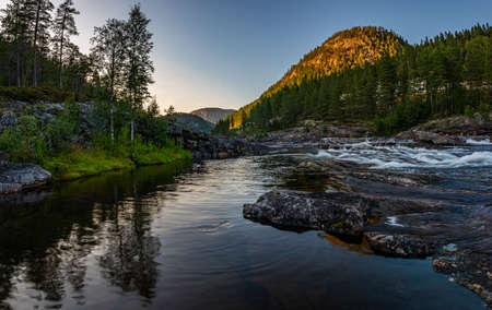 Otra river near bjornara, Agder at Sunset,  Sorlandet and Telemark Norwayの写真素材