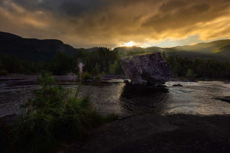 Honnevje rest stop by Otra river at sunrise, Sorlandet and Telemark Norwayの写真素材
