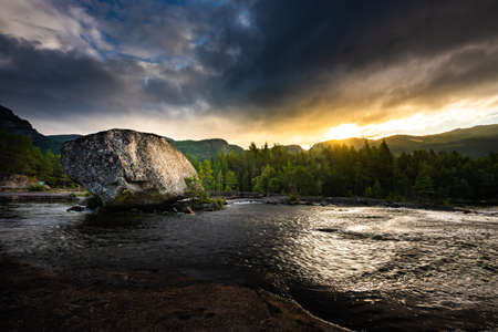 Honnevje rest stop by Otra river at sunrise, Sorlandet and Telemark Norwayの写真素材