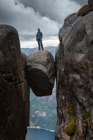 Kjeragbolten - boulder wedged in the mountain's crevasse 984 meter above the sea
