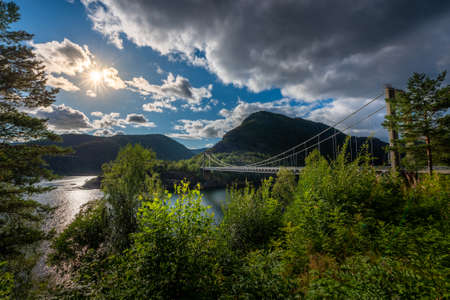 Suspension bridge over the Erfjord, touristic road Ryfylkevegen, Norwayの写真素材