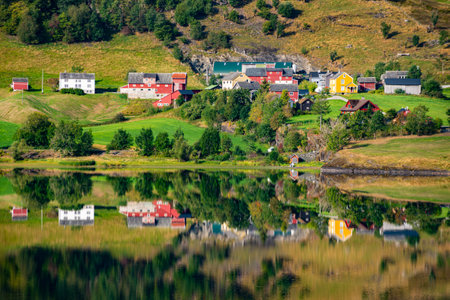 Norwegian Landscape with colorful houses Granvinsvatnet, Norway, Scandinavia, Europeの写真素材