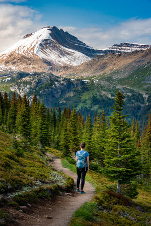 Hiking to Helen Lake and Cirque Peak - Young Woman with backpack on a trailの写真素材