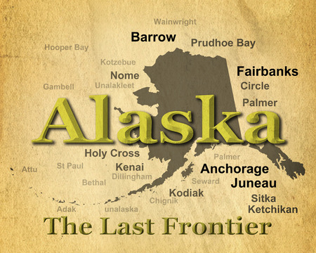 Aged antique paper Alaska state pride image including map silhouette with cities, towns and nickname. の写真素材
