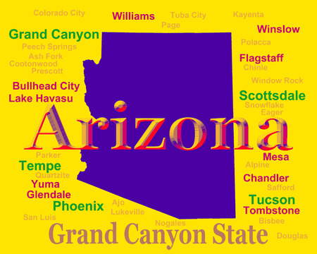 Colorful Arizona state pride image including map silhouette with cities, towns and nickname. の写真素材