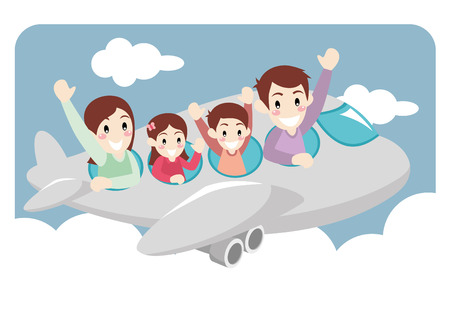 Illustration of a Family on a Vacation Trip through Airplaneのイラスト素材