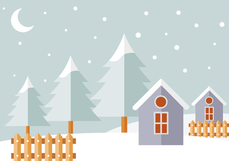 Winter Landscape with Little Houses and Treesのイラスト素材