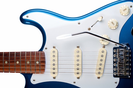 Closeup of Blue and White Electric Guitar
