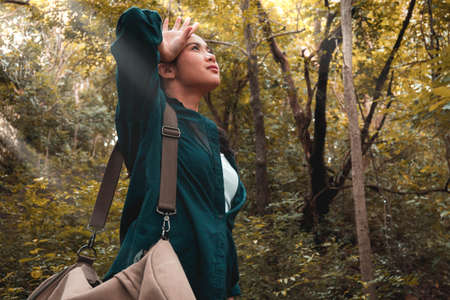 Tired girl from the forest tripの写真素材