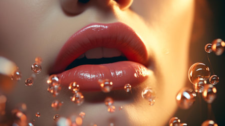 Close up of beautiful female lips with water drops. Beauty, fashion.の素材
