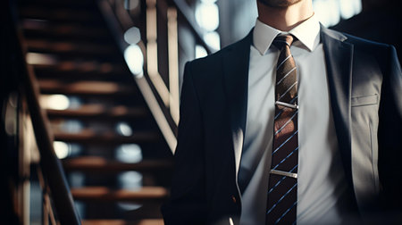 Businessman in a suit and tie standing on the stairs in the officeの素材