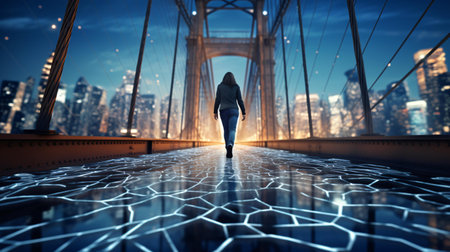 Woman walking on the Brooklyn Bridge in New York City, USA.の素材