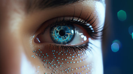 Close-up of beautiful woman's eye with glowing iris.の素材