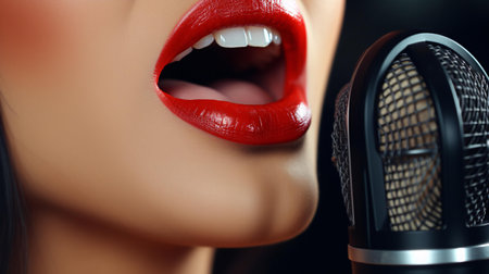 Closeup of female lips with red lipstick and microphone on black backgroundの素材
