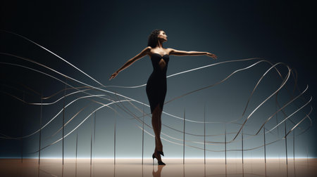 Beautiful young woman in black dress dancing ballet. 3D renderingの素材