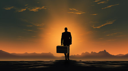 Conceptual business man with suitcase at sunset or sunrise sky backgroundの素材