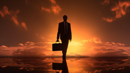 Silhouette of a businessman with a briefcase standing on a sunset backgroundの素材