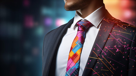 Close up of businessman in suit with colorful business charts on his backの素材