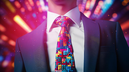 Businessman in suit and tie with colorful lights on background 3D renderingの素材