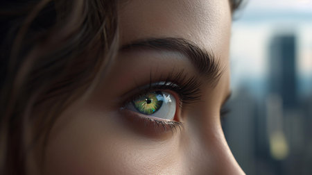 Close-up shot of beautiful woman's green eye with long eyelashes.の素材