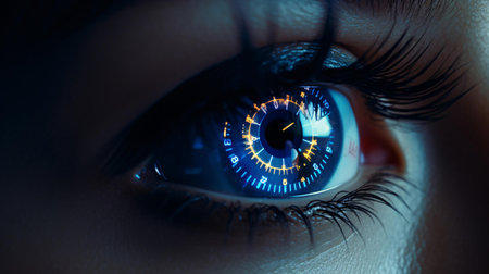 An eye with a clock reflection, capturing the concept of time and perceptionの素材