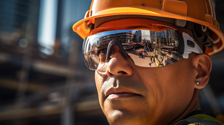 A man wearing safety gear for protection on a construction siteの素材