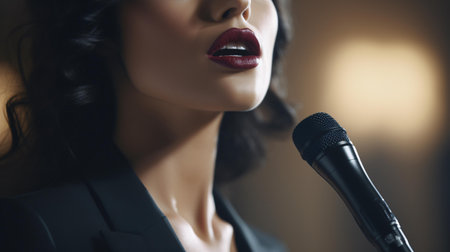 A woman singing passionately into a microphone in a dimly lit roomの素材
