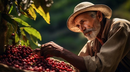 A man in a straw hat picking fresh berries from a binの素材