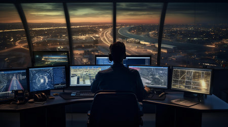 Rear view of male security guard in surveillance room looking at night cityの素材