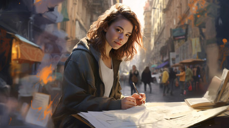 Beautiful young woman with long brown hair, dressed in a jacket, is sitting on a bench in the old town and writing something in a notebook.の素材