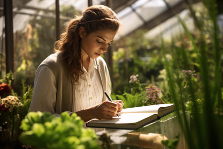 Portrait of a beautiful young woman working in a greenhouse, writing notesの素材