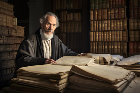 Photo of a man surrounded by books at a tableの素材