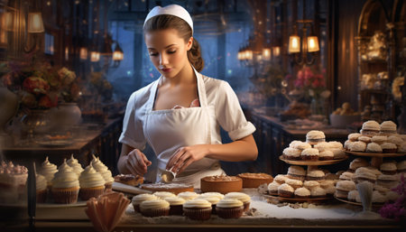 Photo of a woman preparing cupcakes in a white apronの素材