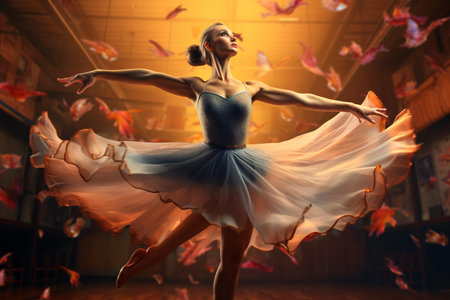 Photo of a woman dancing in a blue and white dressの素材