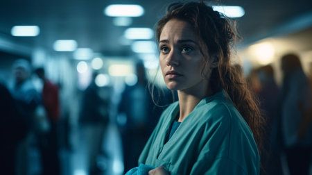 Photo of a female healthcare professional in scrubs standing in a hospital hallwayの素材