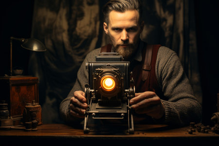 Photo of a man sitting at a table with a cameraの素材