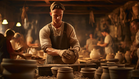 A potter creating pottery in a vibrant pottery workshopの素材