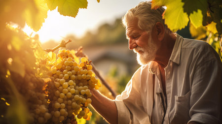 A man harvesting grapes from a vine in a vineyardの素材