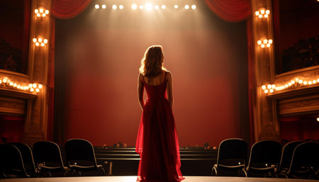 A woman in a red dress standing in front of a stageの素材