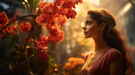 A woman admiring a colorful bouquet of flowersの素材