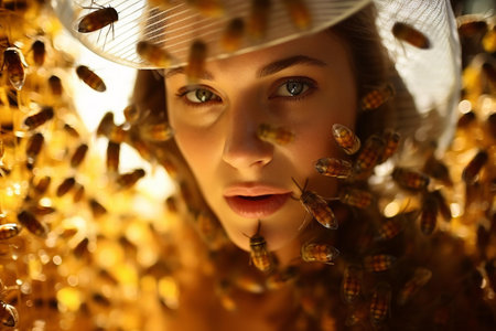 A woman wearing a white hat surrounded by beesの素材