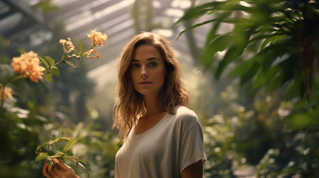 A woman holding a flower in a greenhouseの素材