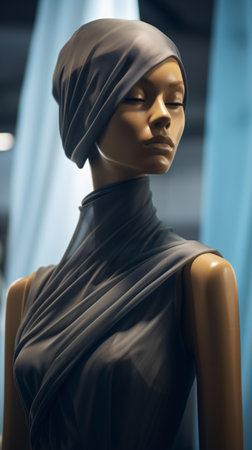 A mannequin dressed in a stylish black dress with an elegant headscarfの素材