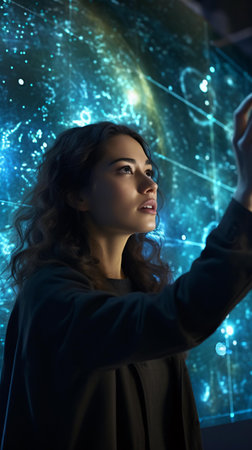 A woman standing in front of a projection screenの素材