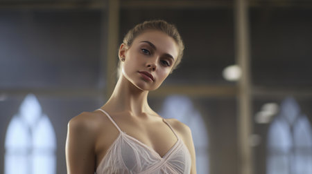 A woman in a white dress posing for a pictureの素材