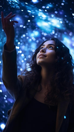 A woman standing under a starry skの素材