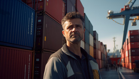 A man standing next to a massive containerの素材