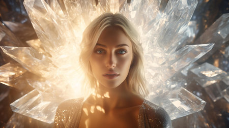 A woman admiring a stunning crystal sculptureの素材